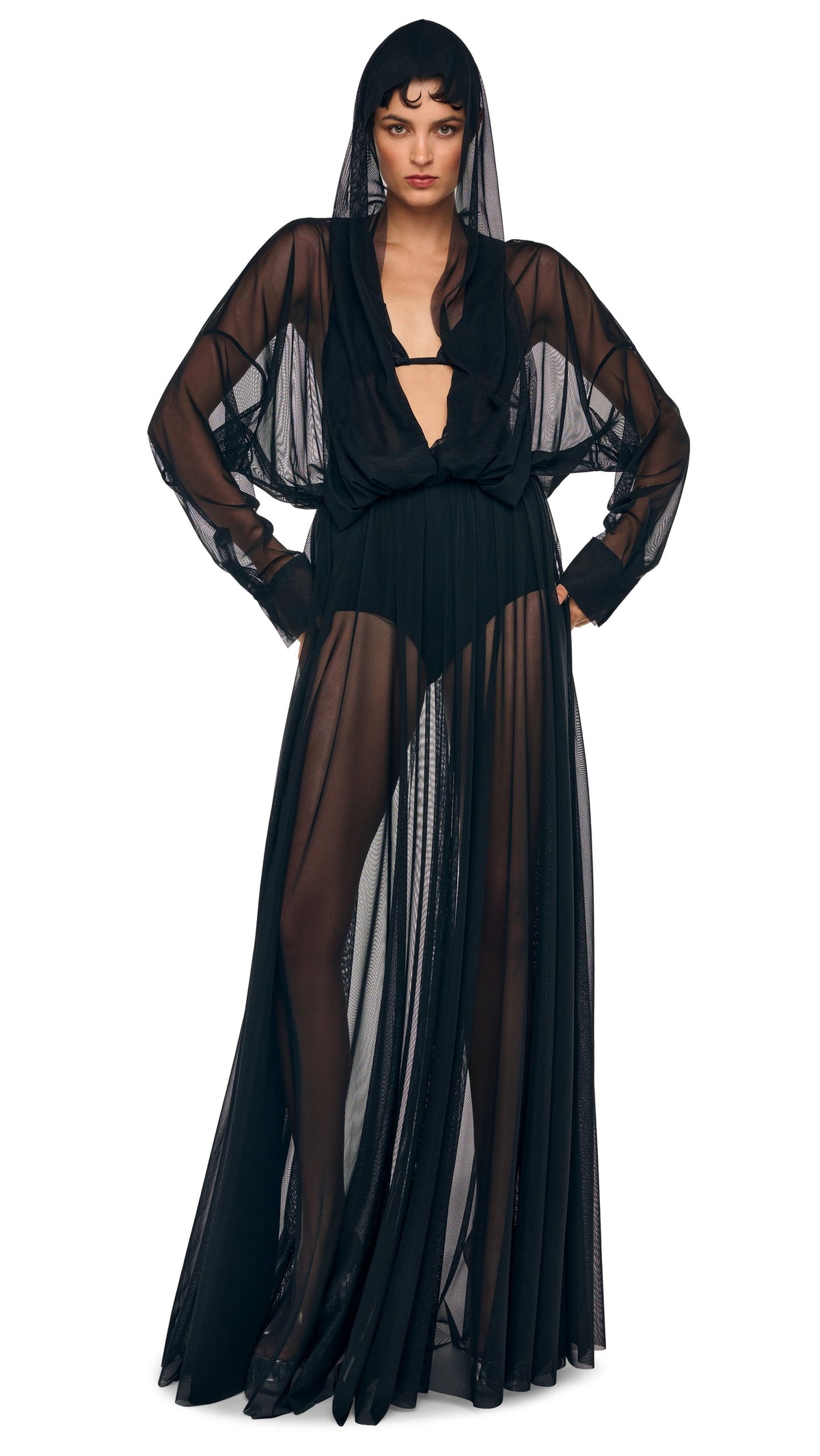 HOODED SUPER OS BF NK SHIRT FLARED GOWN Black | Norma Kamali Women