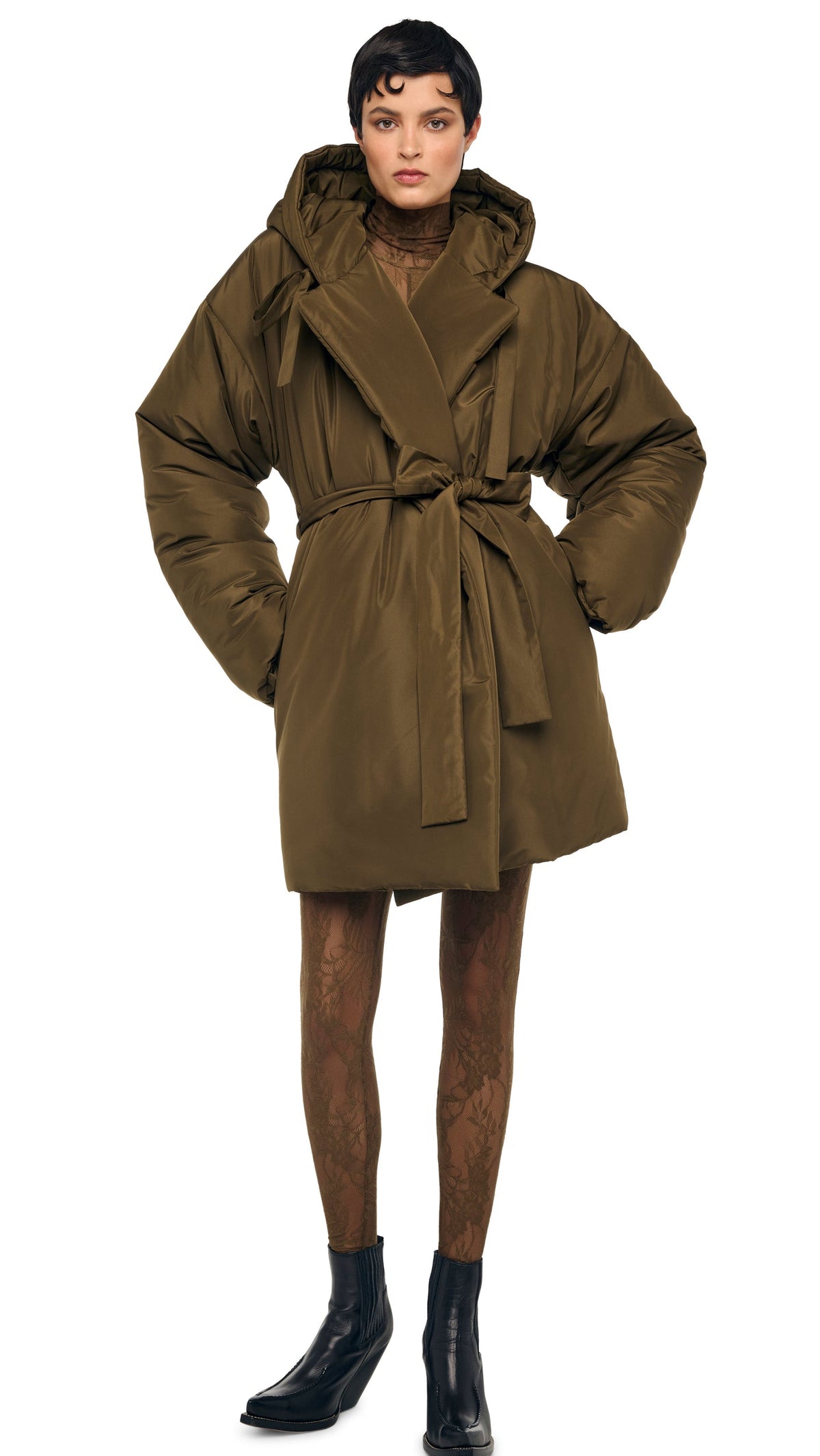 HOODED SLEEPING BAG COAT TO KNEE Bark | Norma Kamali Women