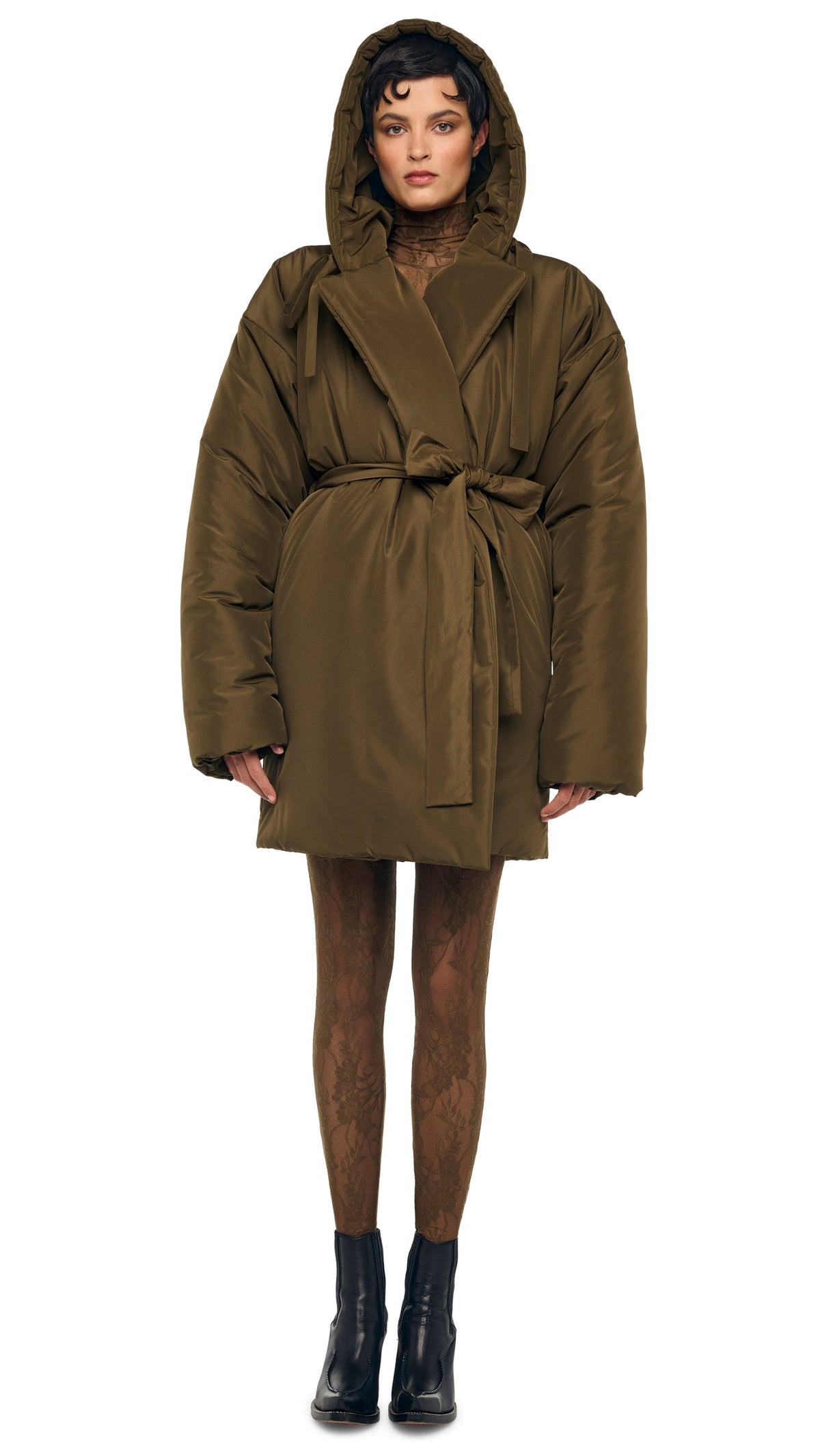 HOODED SLEEPING BAG COAT TO KNEE Bark | Norma Kamali Women