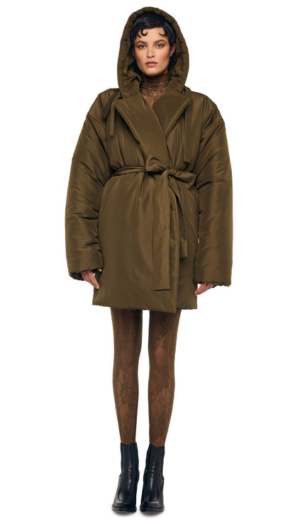 HOODED SLEEPING BAG COAT TO KNEE Bark | Norma Kamali Women