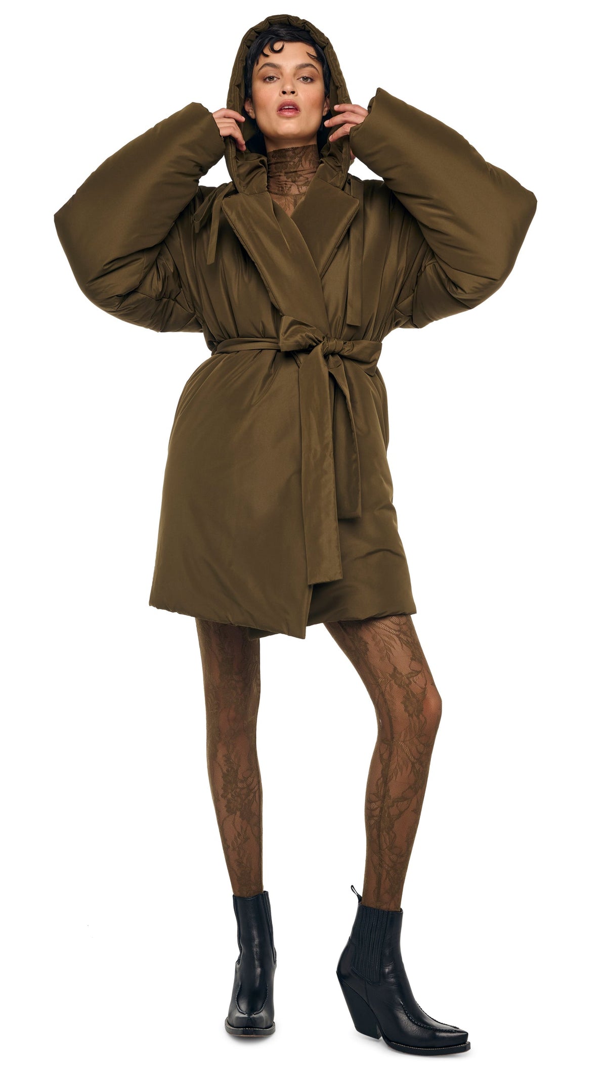 HOODED SLEEPING BAG COAT TO KNEE Bark | Norma Kamali Women