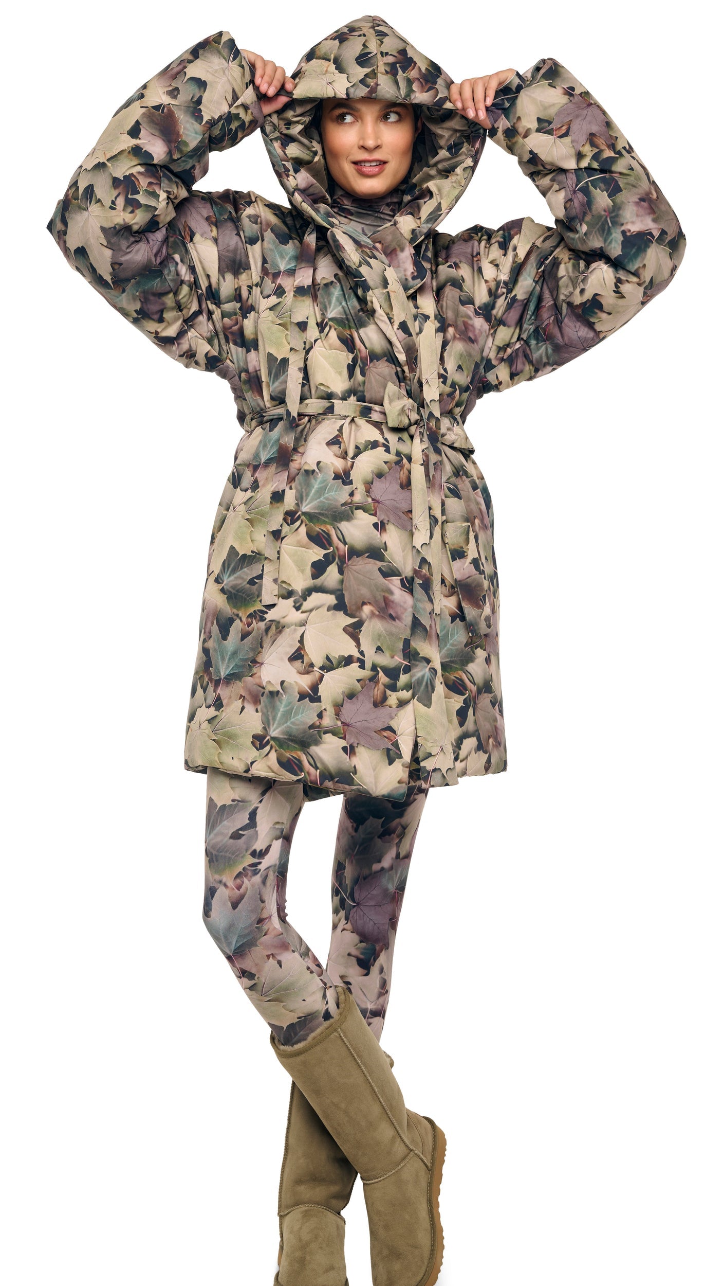 HOODED SLEEPING BAG COAT TO KNEE Autumn Leaves | Norma Kamali Women
