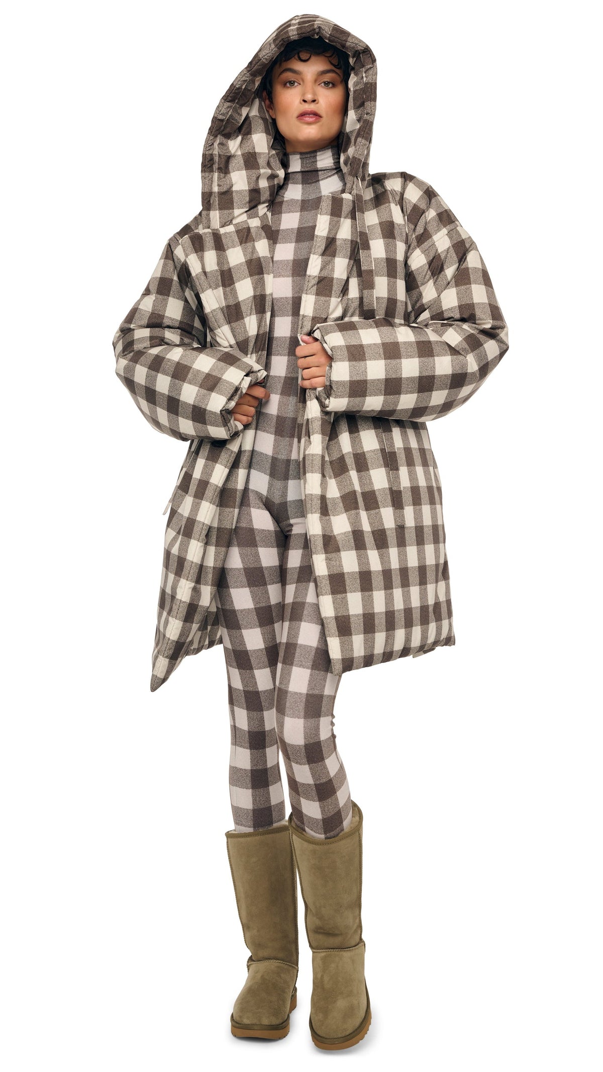 HOODED SLEEPING BAG COAT TO KNEE Bark Box Plaid | Norma Kamali Women