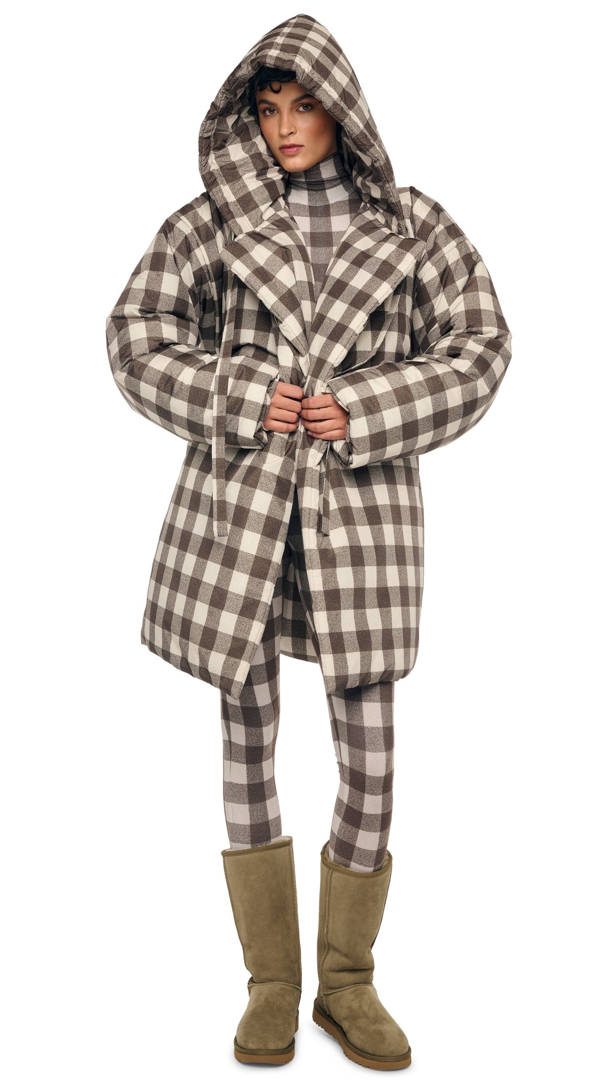 HOODED SLEEPING BAG COAT TO KNEE Bark Box Plaid | Norma Kamali Women