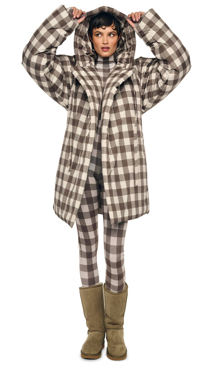 HOODED SLEEPING BAG COAT TO KNEE Bark Box Plaid | Norma Kamali Women