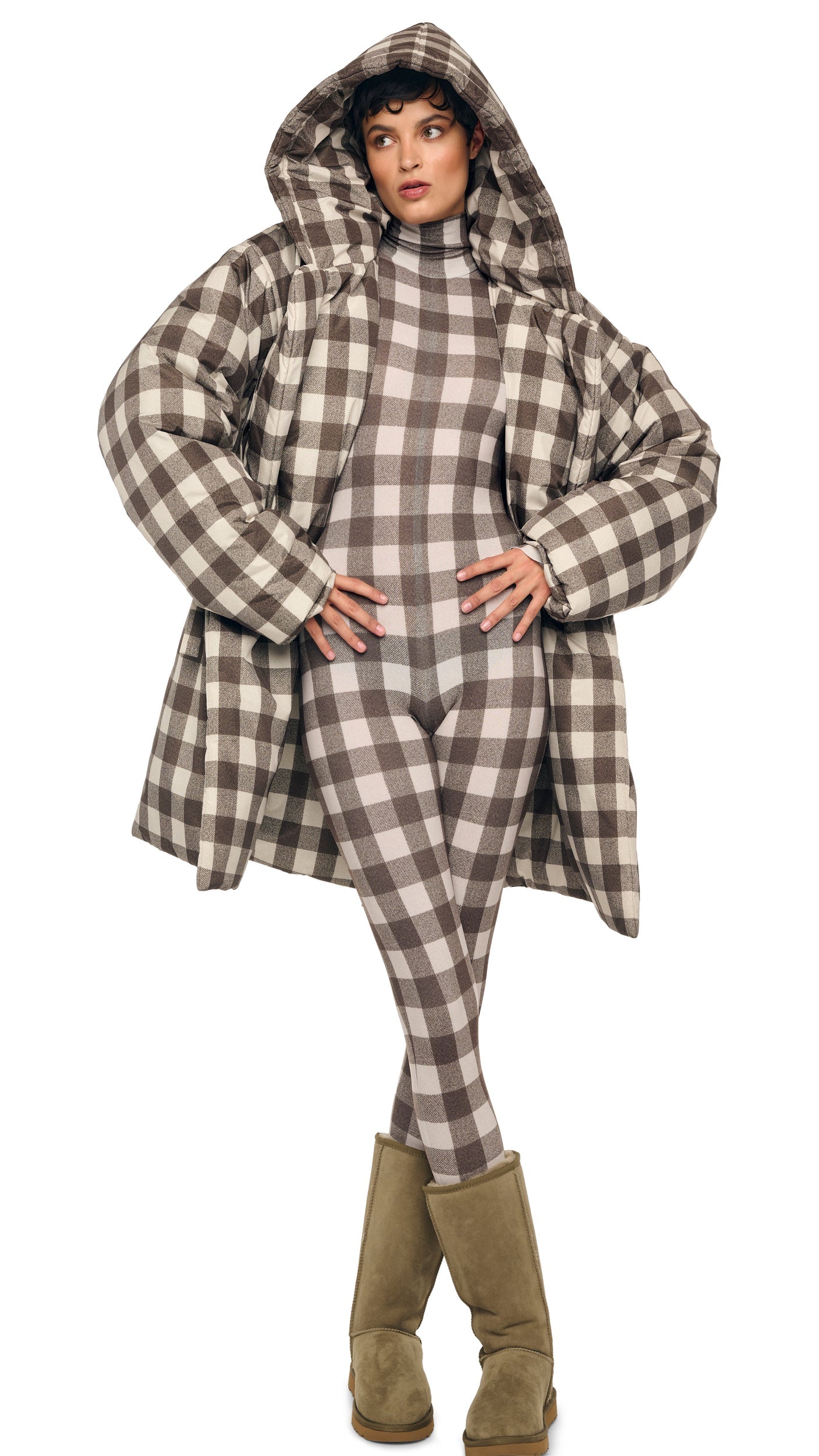 HOODED SLEEPING BAG COAT TO KNEE Bark Box Plaid | Norma Kamali Women