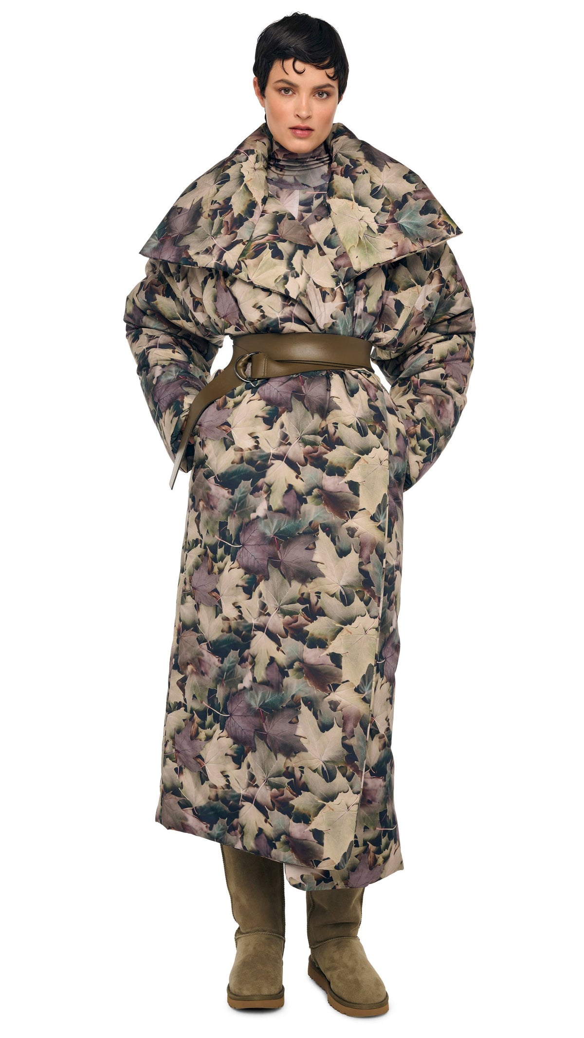 HIGH COLLAR SLEEPING BAG COAT LONG Autumn Leaves | Norma Kamali Women
