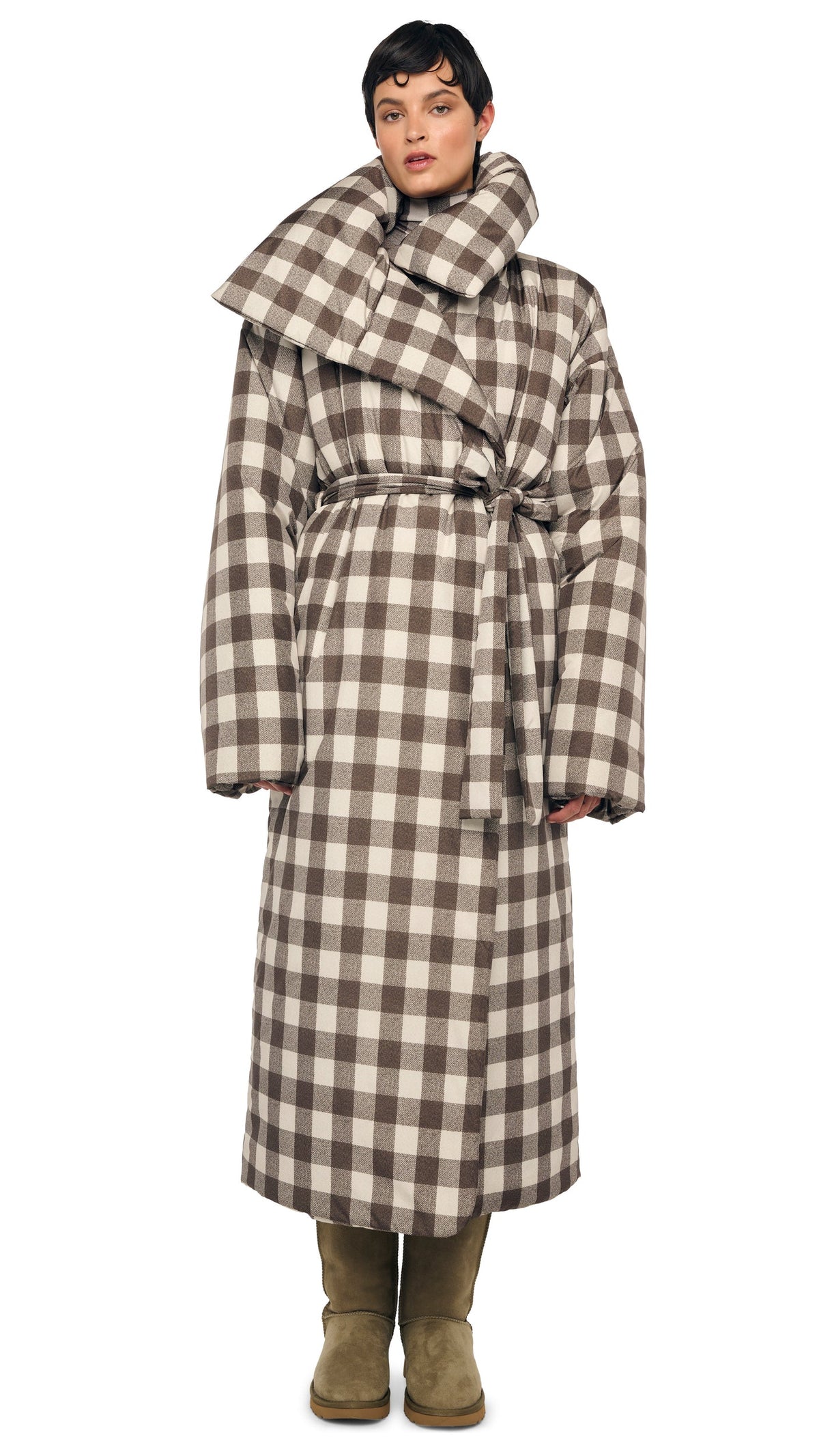 HIGH COLLAR SLEEPING BAG COAT LONG Bark Box Plaid | Norma Kamali Women