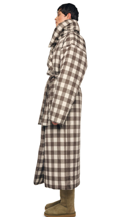 HIGH COLLAR SLEEPING BAG COAT LONG Bark Box Plaid | Norma Kamali Women