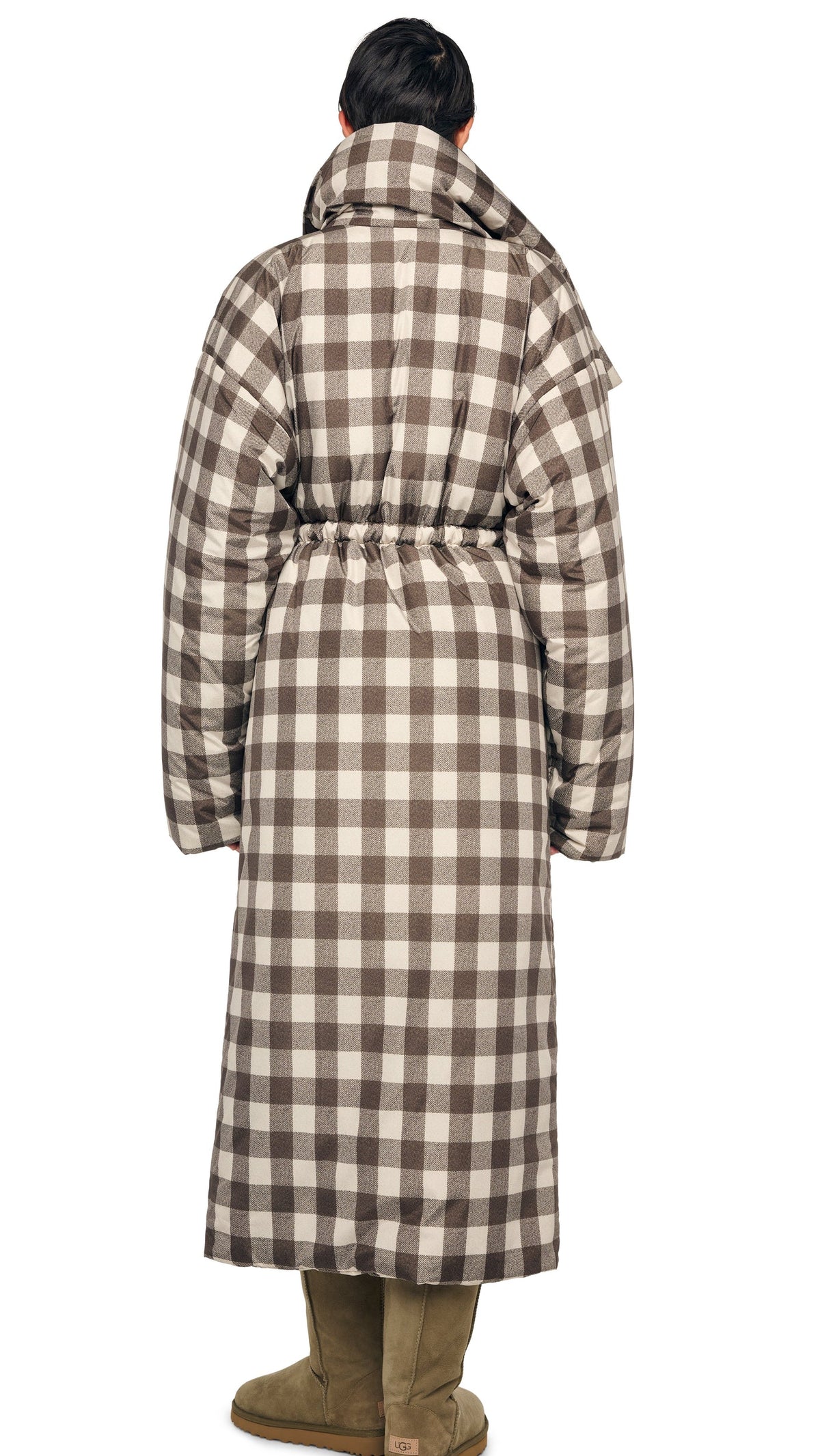 HIGH COLLAR SLEEPING BAG COAT LONG Bark Box Plaid | Norma Kamali Women
