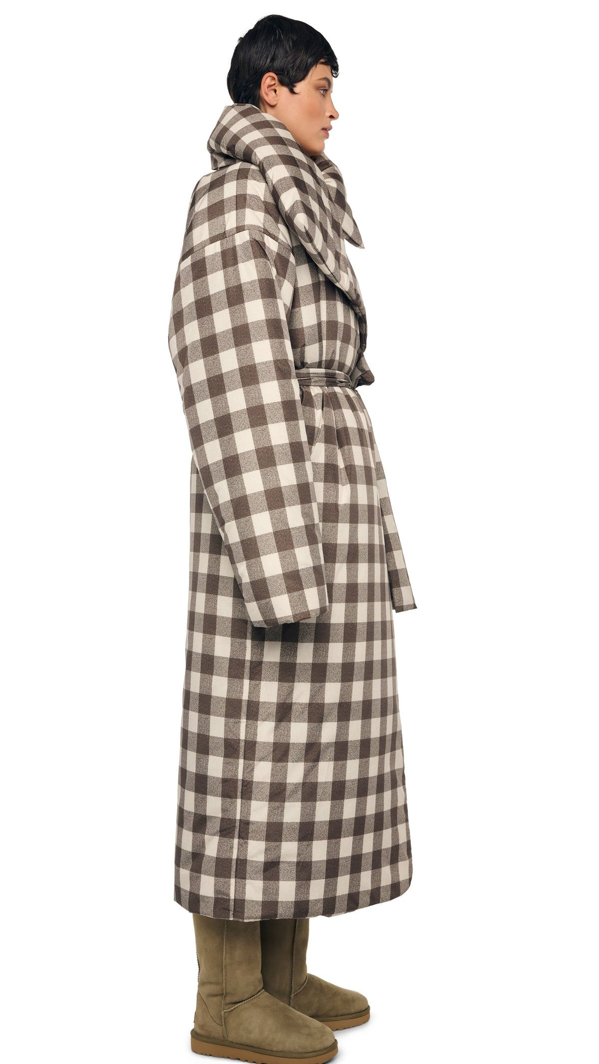 HIGH COLLAR SLEEPING BAG COAT LONG Bark Box Plaid | Norma Kamali Women