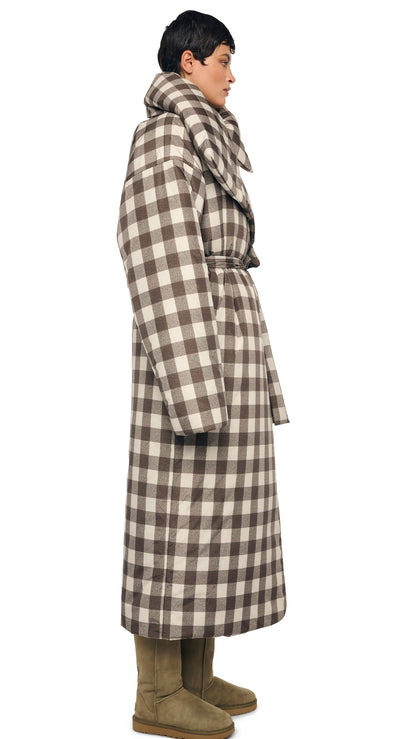 HIGH COLLAR SLEEPING BAG COAT LONG Bark Box Plaid | Norma Kamali Women