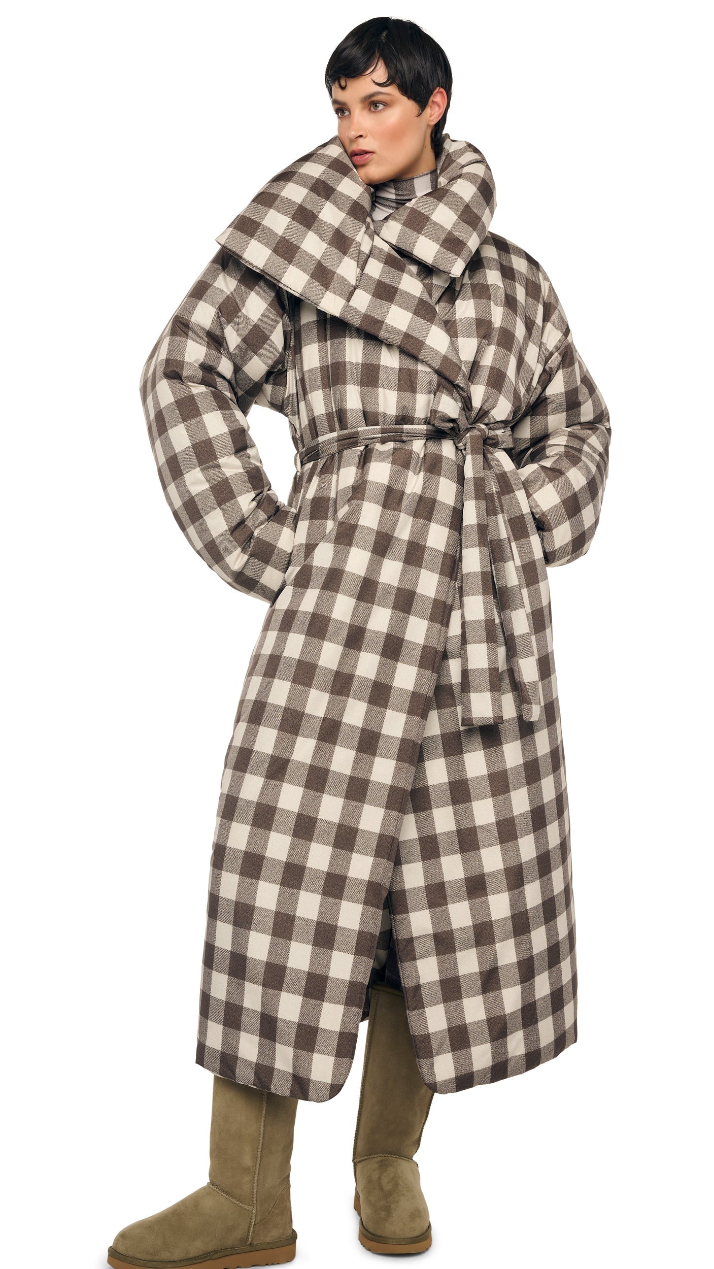HIGH COLLAR SLEEPING BAG COAT LONG Bark Box Plaid | Norma Kamali Women