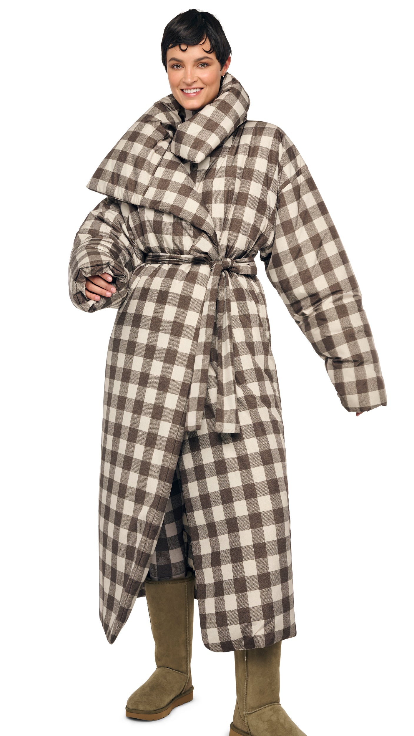 HIGH COLLAR SLEEPING BAG COAT LONG Bark Box Plaid | Norma Kamali Women
