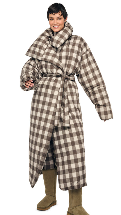 HIGH COLLAR SLEEPING BAG COAT LONG Bark Box Plaid | Norma Kamali Women