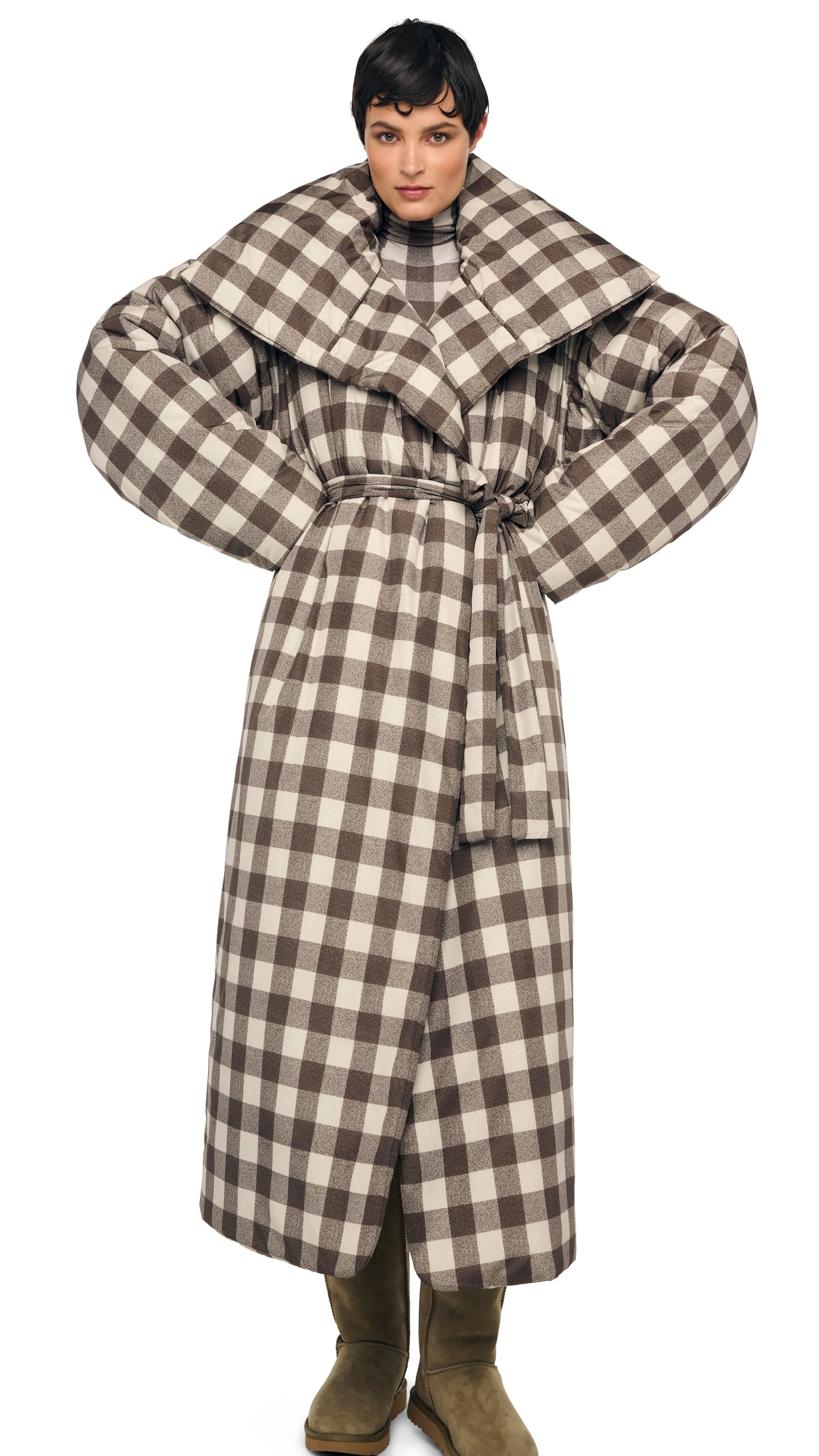 HIGH COLLAR SLEEPING BAG COAT LONG Bark Box Plaid | Norma Kamali Women