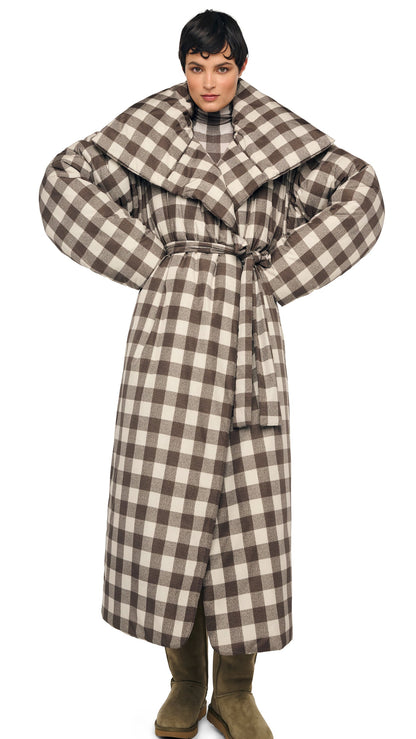 HIGH COLLAR SLEEPING BAG COAT LONG Bark Box Plaid | Norma Kamali Women