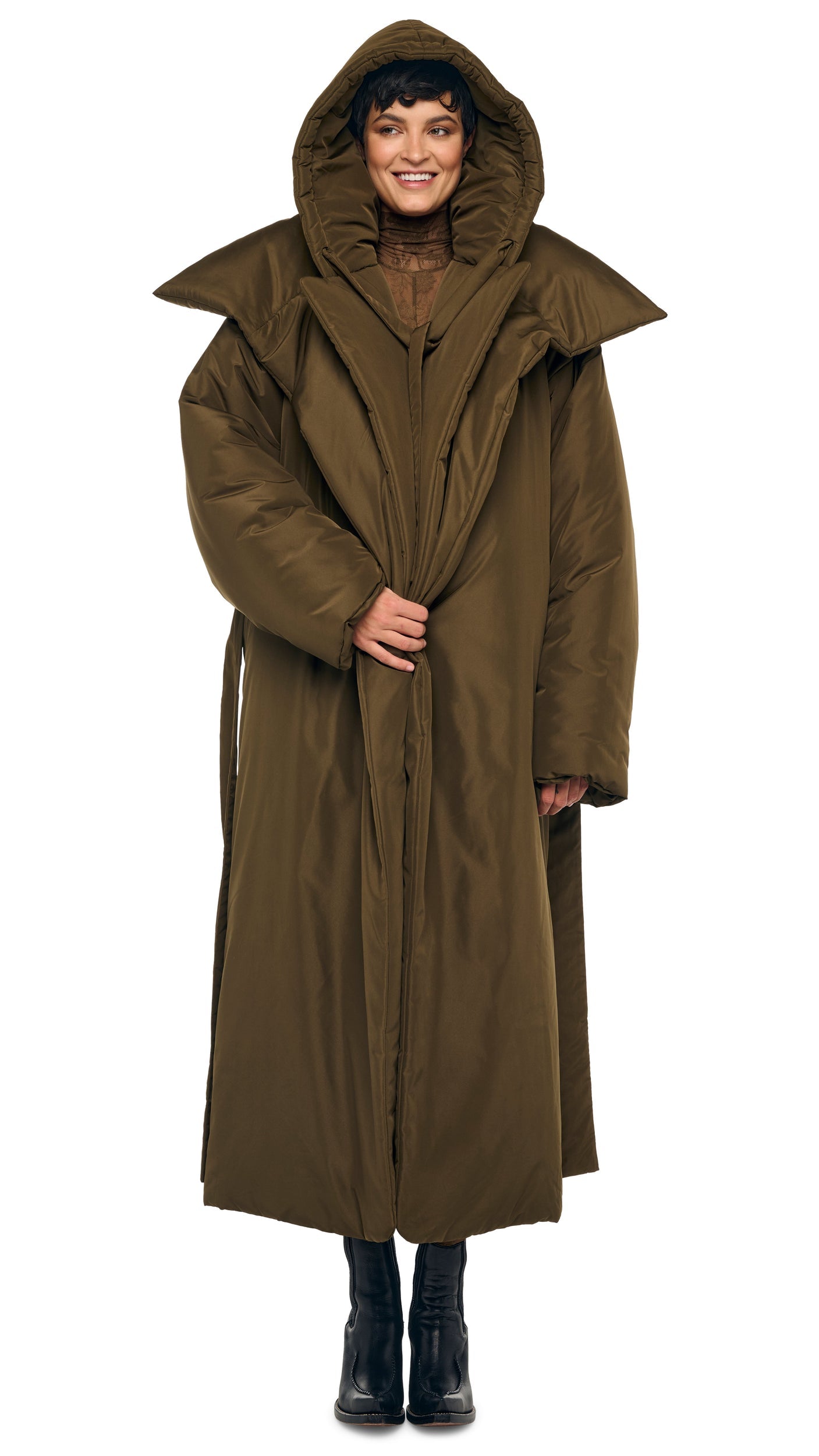HIGH COLLAR OS BF SLEEPING BAG COAT Bark | Norma Kamali Women