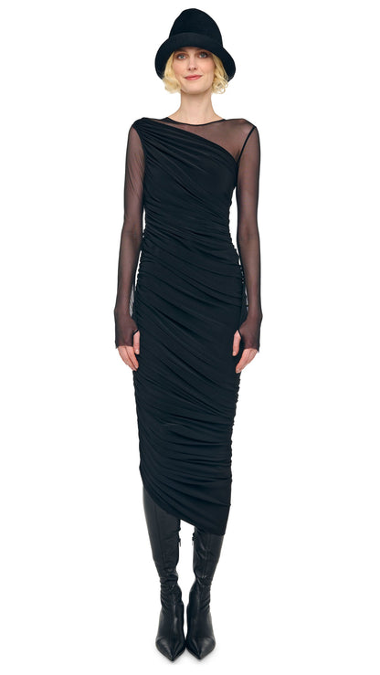 LONG SLEEVE DIANA GOWN + LEGGING W/ FOOTIE Black/Black Mesh | Norma Kamali Women