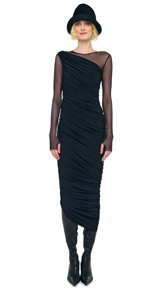 LONG SLEEVE DIANA GOWN + LEGGING W/ FOOTIE Black/Black Mesh | Norma Kamali Women
