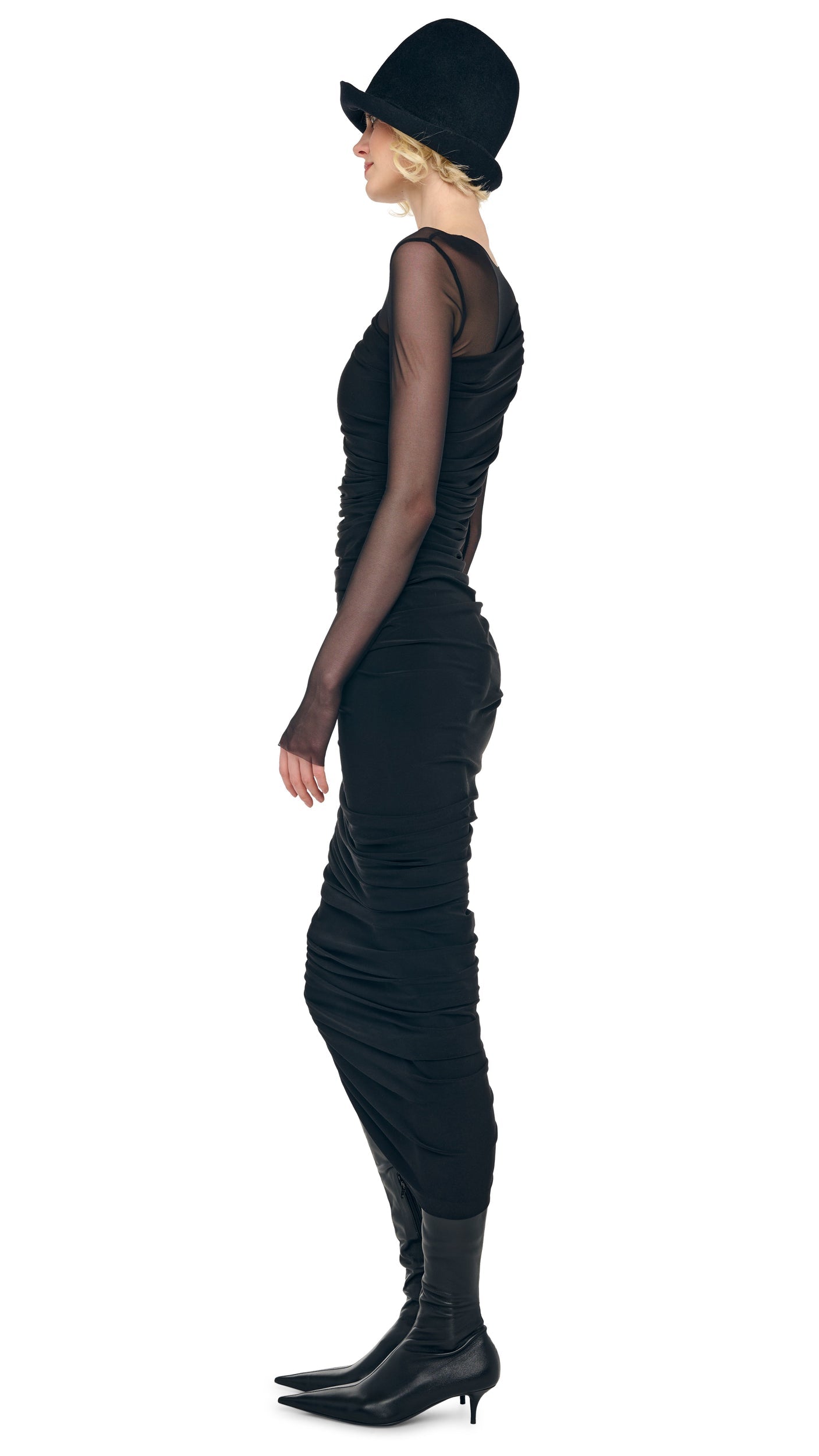 LONG SLEEVE DIANA GOWN + LEGGING W/ FOOTIE Black/Black Mesh | Norma Kamali Women
