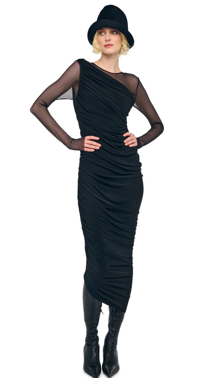 LONG SLEEVE DIANA GOWN + LEGGING W/ FOOTIE Black/Black Mesh | Norma Kamali Women