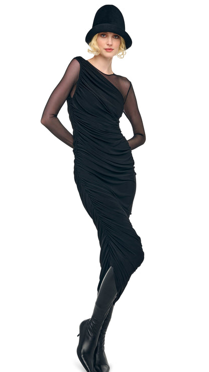 LONG SLEEVE DIANA GOWN + LEGGING W/ FOOTIE Black/Black Mesh | Norma Kamali Women