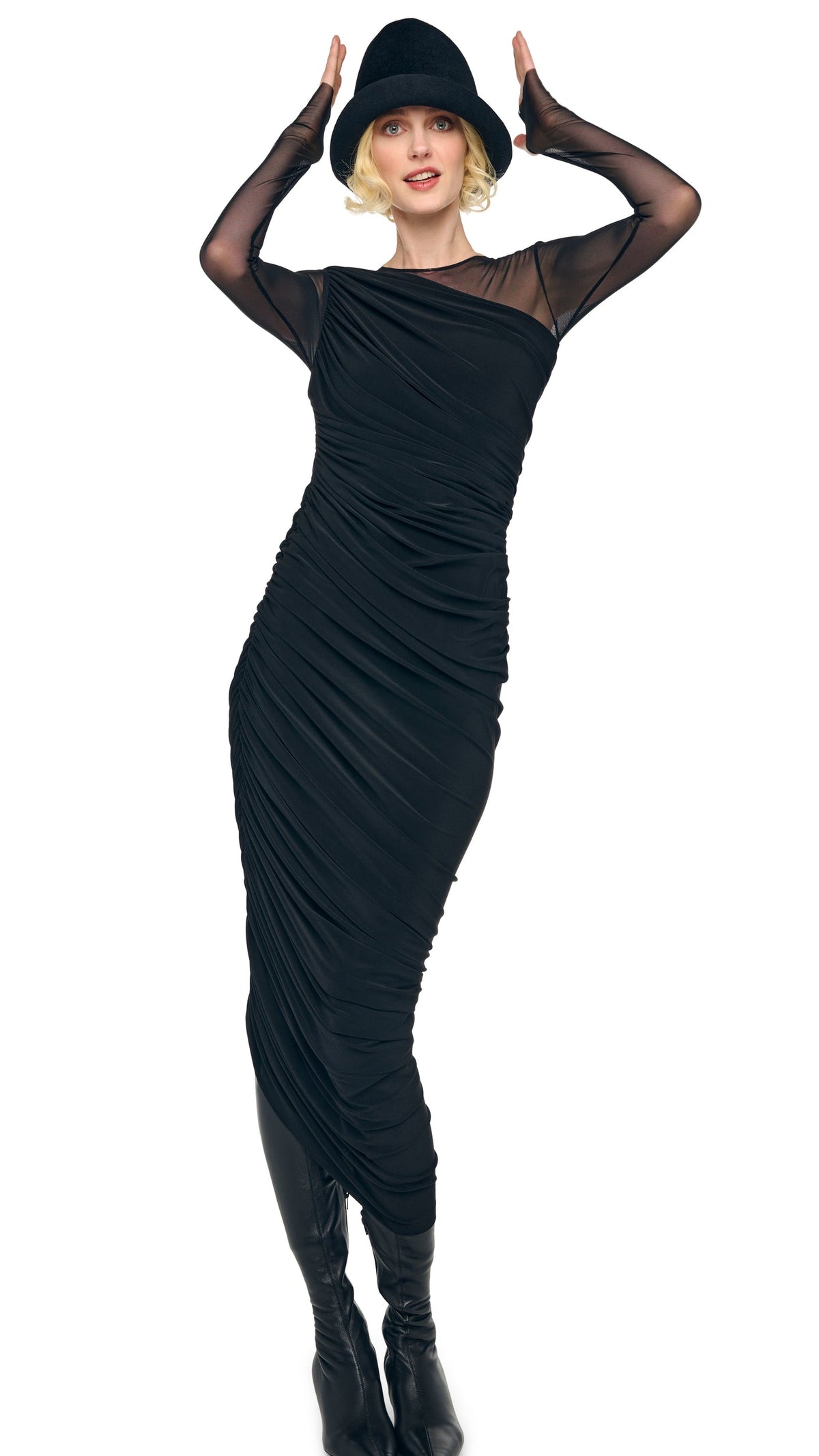 LONG SLEEVE DIANA GOWN + LEGGING W/ FOOTIE Black/Black Mesh | Norma Kamali Women