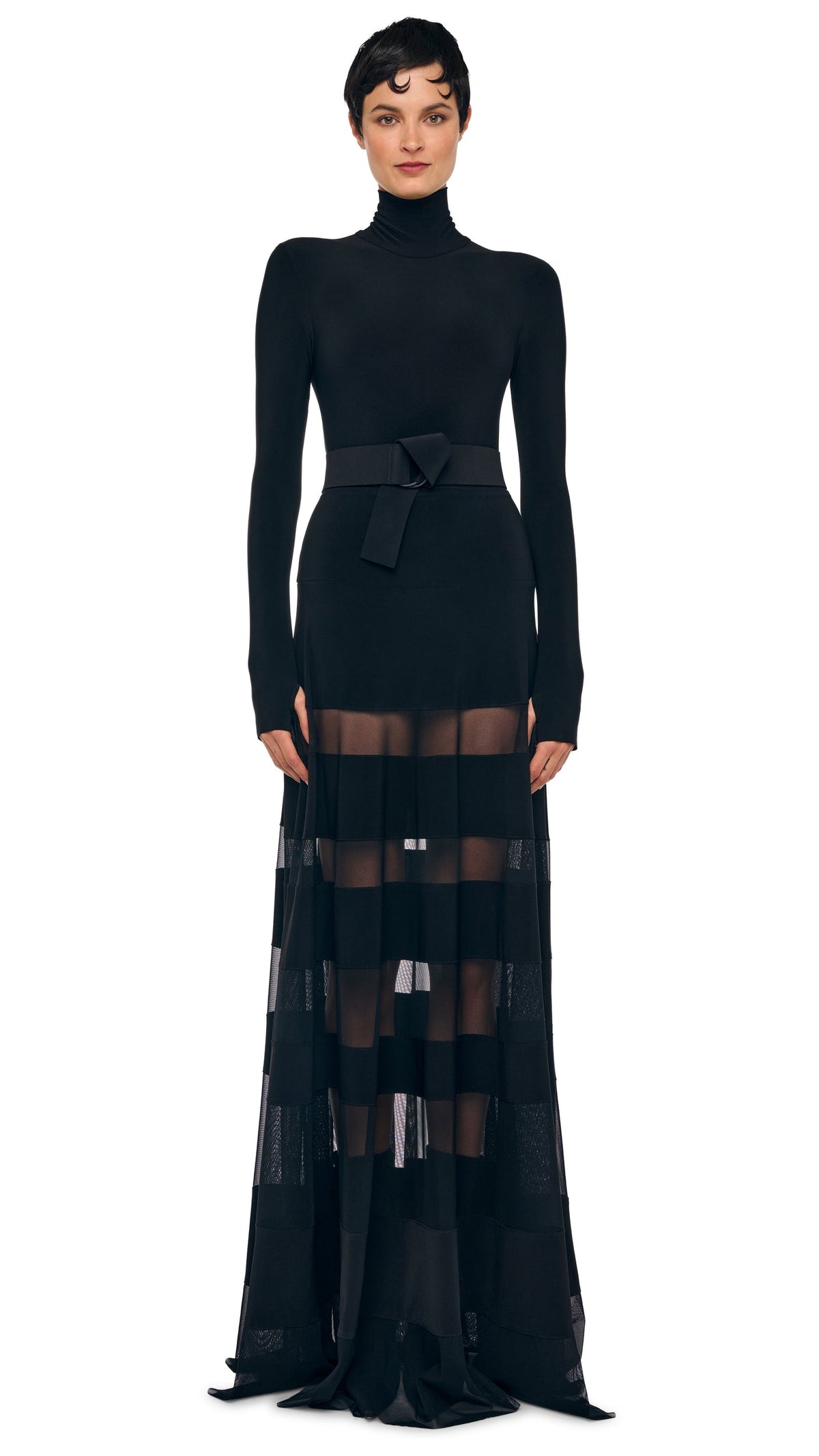 SPLICED FLARED SKIRT TO FLOOR Black/Black Mesh | Norma Kamali Women
