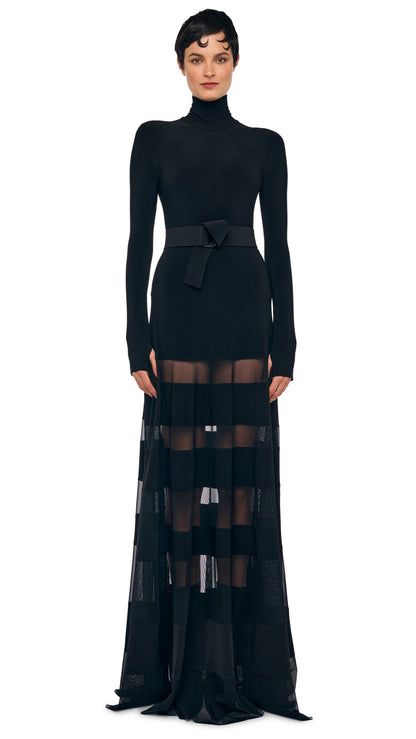 SPLICED FLARED SKIRT TO FLOOR Black/Black Mesh | Norma Kamali Women