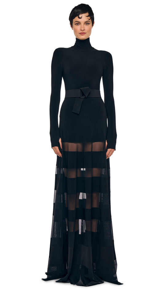 SPLICED FLARED SKIRT TO FLOOR Black/Black Mesh | Norma Kamali Women