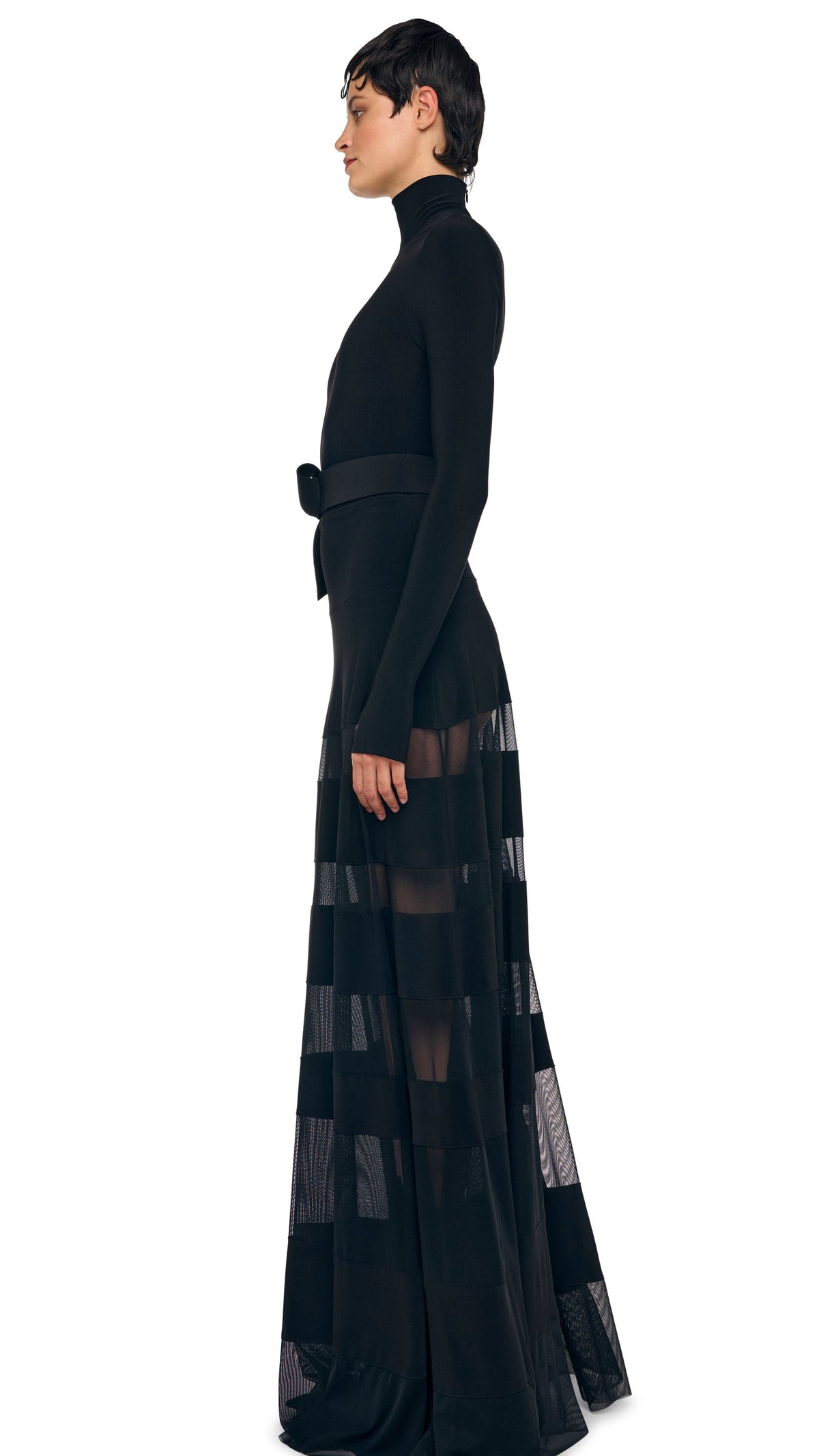 SPLICED FLARED SKIRT TO FLOOR Black/Black Mesh | Norma Kamali Women