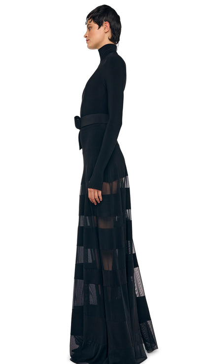 SPLICED FLARED SKIRT TO FLOOR Black/Black Mesh | Norma Kamali Women