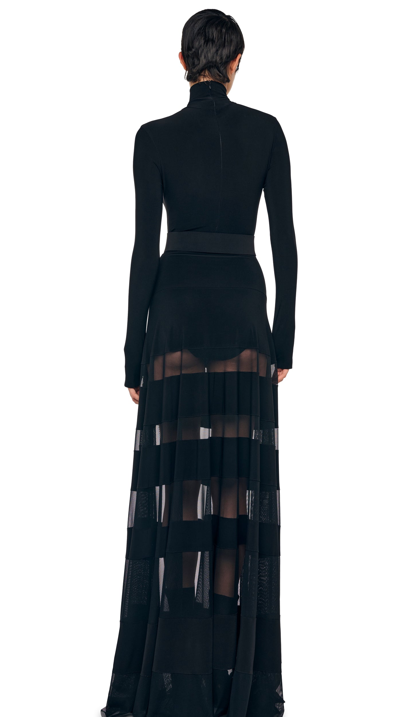 SPLICED FLARED SKIRT TO FLOOR Black/Black Mesh | Norma Kamali Women