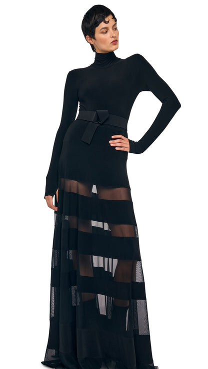 SPLICED FLARED SKIRT TO FLOOR Black/Black Mesh | Norma Kamali Women