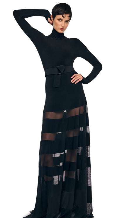 SPLICED FLARED SKIRT TO FLOOR Black/Black Mesh | Norma Kamali Women