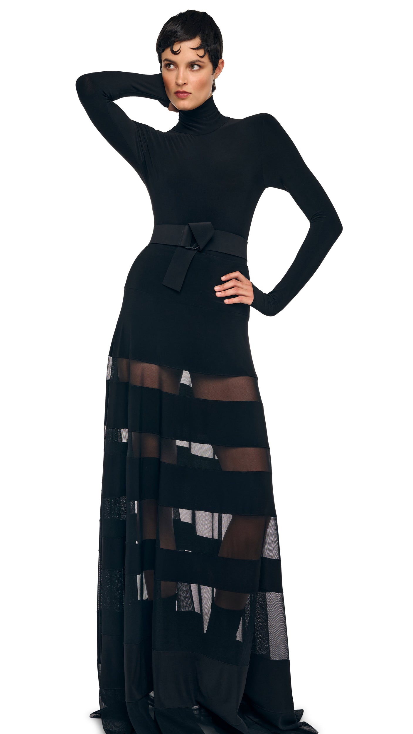 SPLICED FLARED SKIRT TO FLOOR Black/Black Mesh | Norma Kamali Women