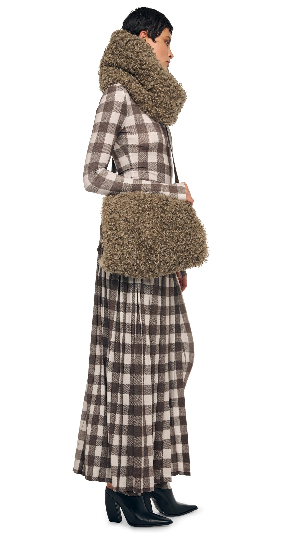 PLEATED LONG SKIRT W/ SLIT Bark Box Plaid | Norma Kamali Women
