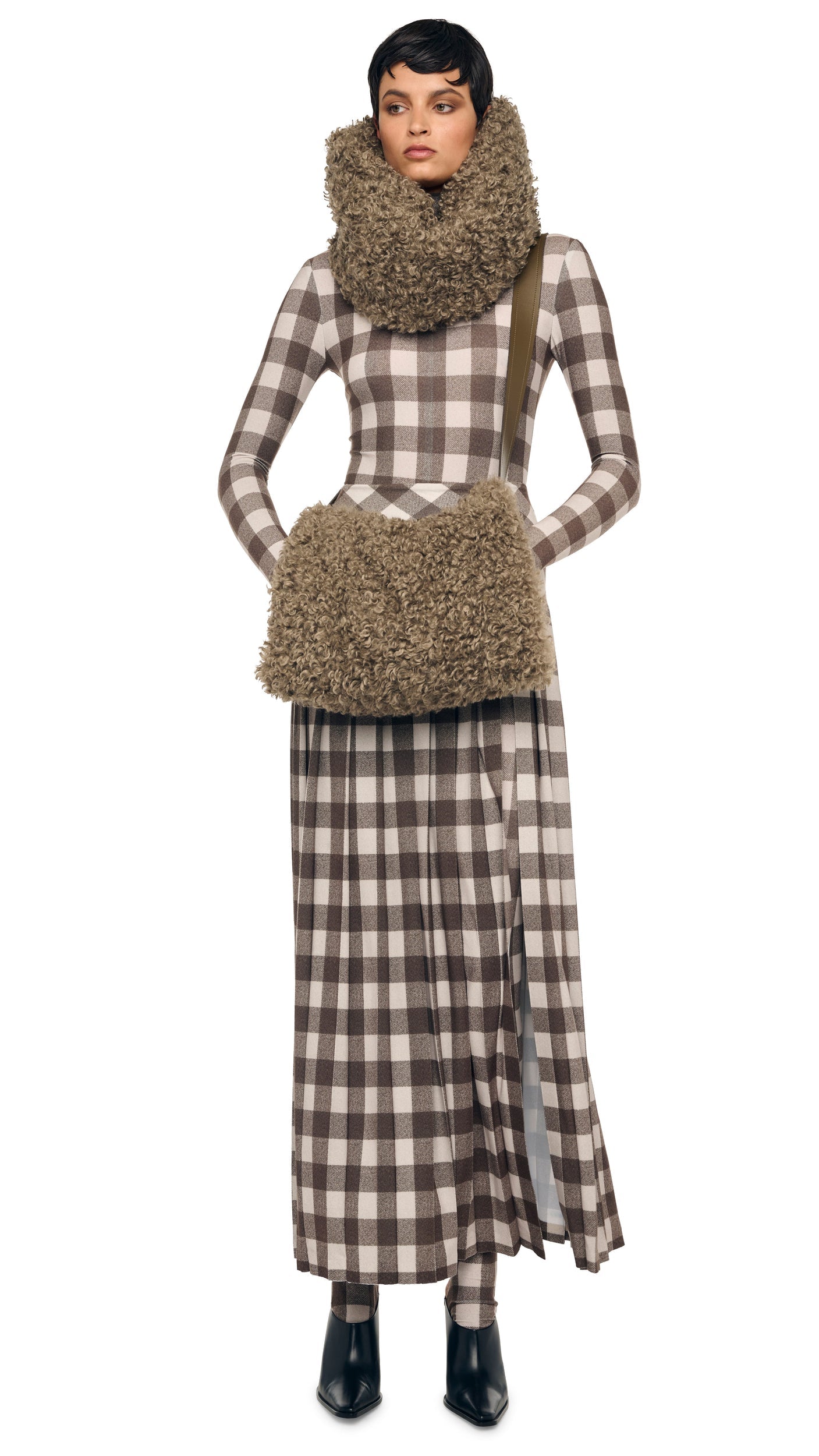 PLEATED LONG SKIRT W/ SLIT Bark Box Plaid | Norma Kamali Women