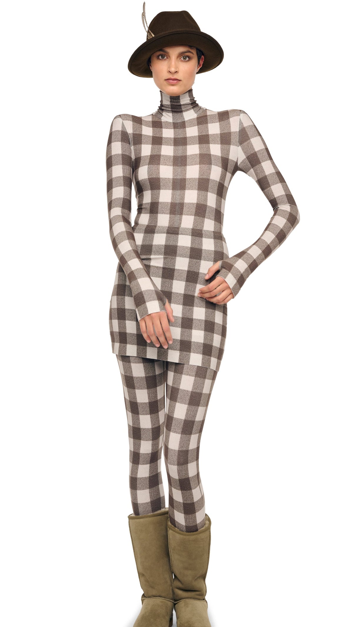 LONG SLEEVE TURTLE CATSUIT W/ FOOTIE Bark Box Plaid | Norma Kamali Women