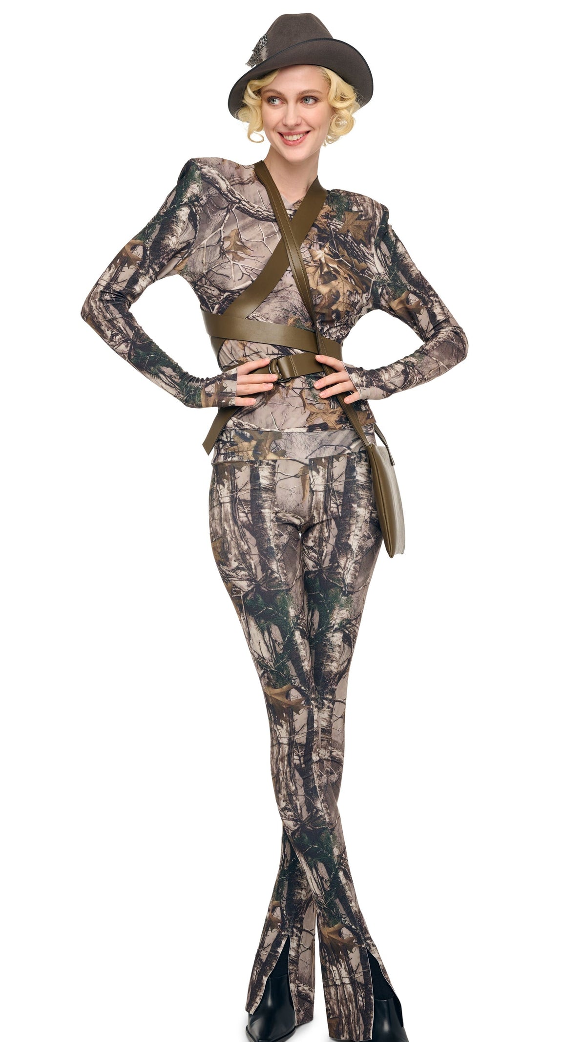 LONG SLEEVE SHOULDER PAD V NECK TOP Trees | Norma Kamali Women