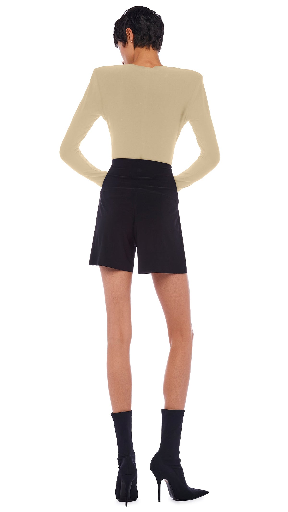 SHOULDER PAD LONG SLEEVE CREW TOP Elm | Norma Kamali Women