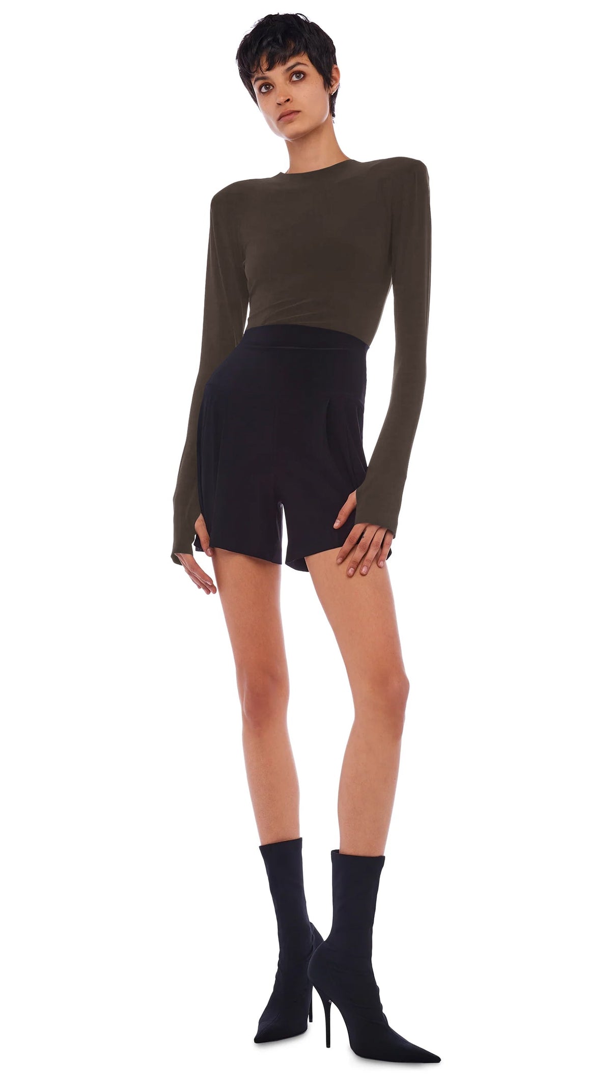 SHOULDER PAD LONG SLEEVE CREW TOP Bark | Norma Kamali Women