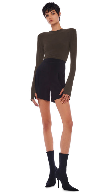 SHOULDER PAD LONG SLEEVE CREW TOP Bark | Norma Kamali Women