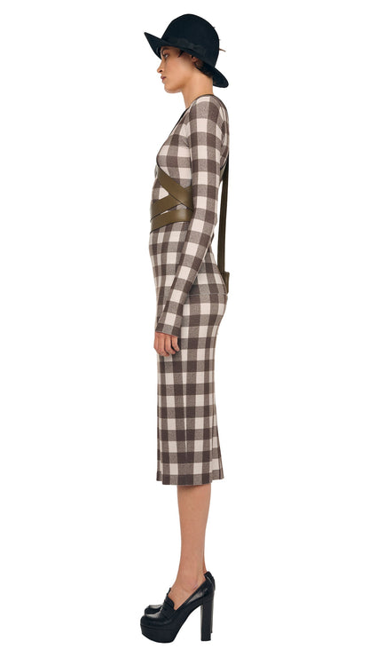 SHOULDER PAD LONG SLEEVE CREW TOP Bark Box Plaid | Norma Kamali Women