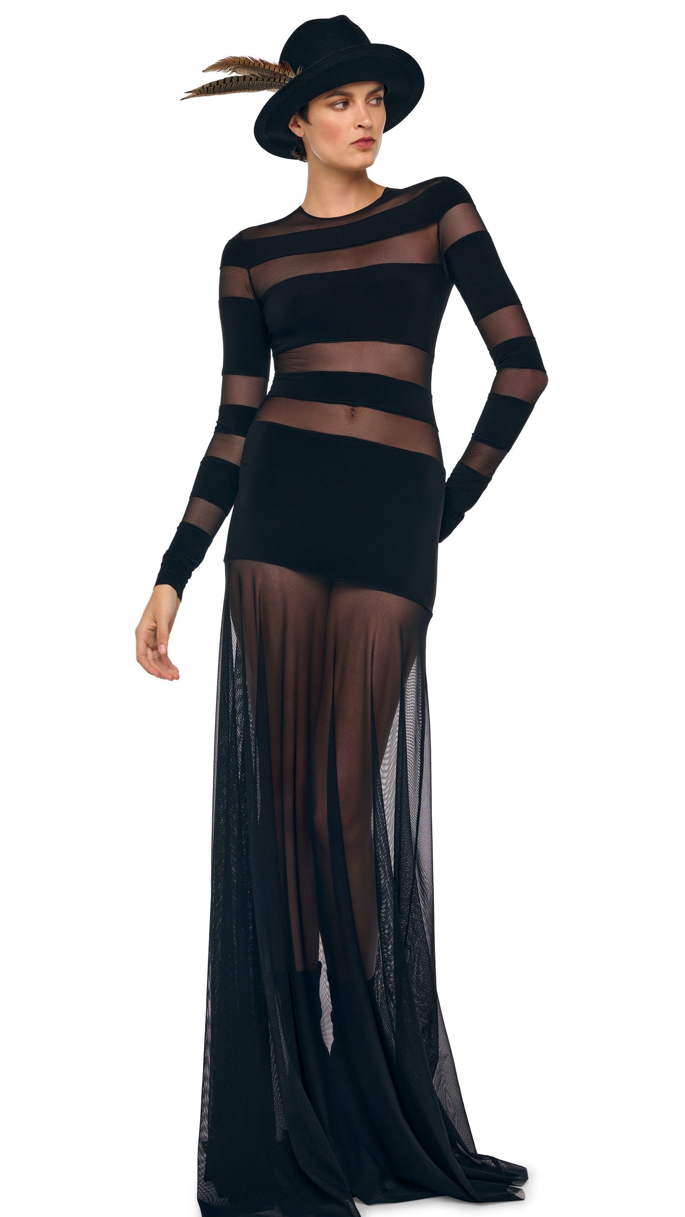 SPLICED LONG SLEEVE FLARED GOWN Black/Black Mesh | Norma Kamali Women