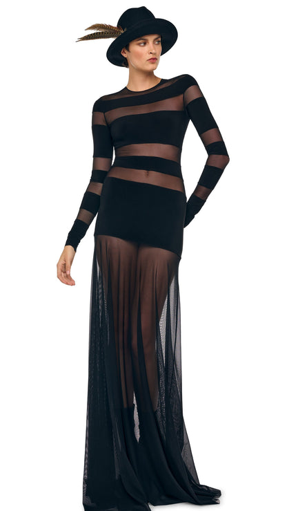 SPLICED LONG SLEEVE FLARED GOWN Black/Black Mesh | Norma Kamali Women