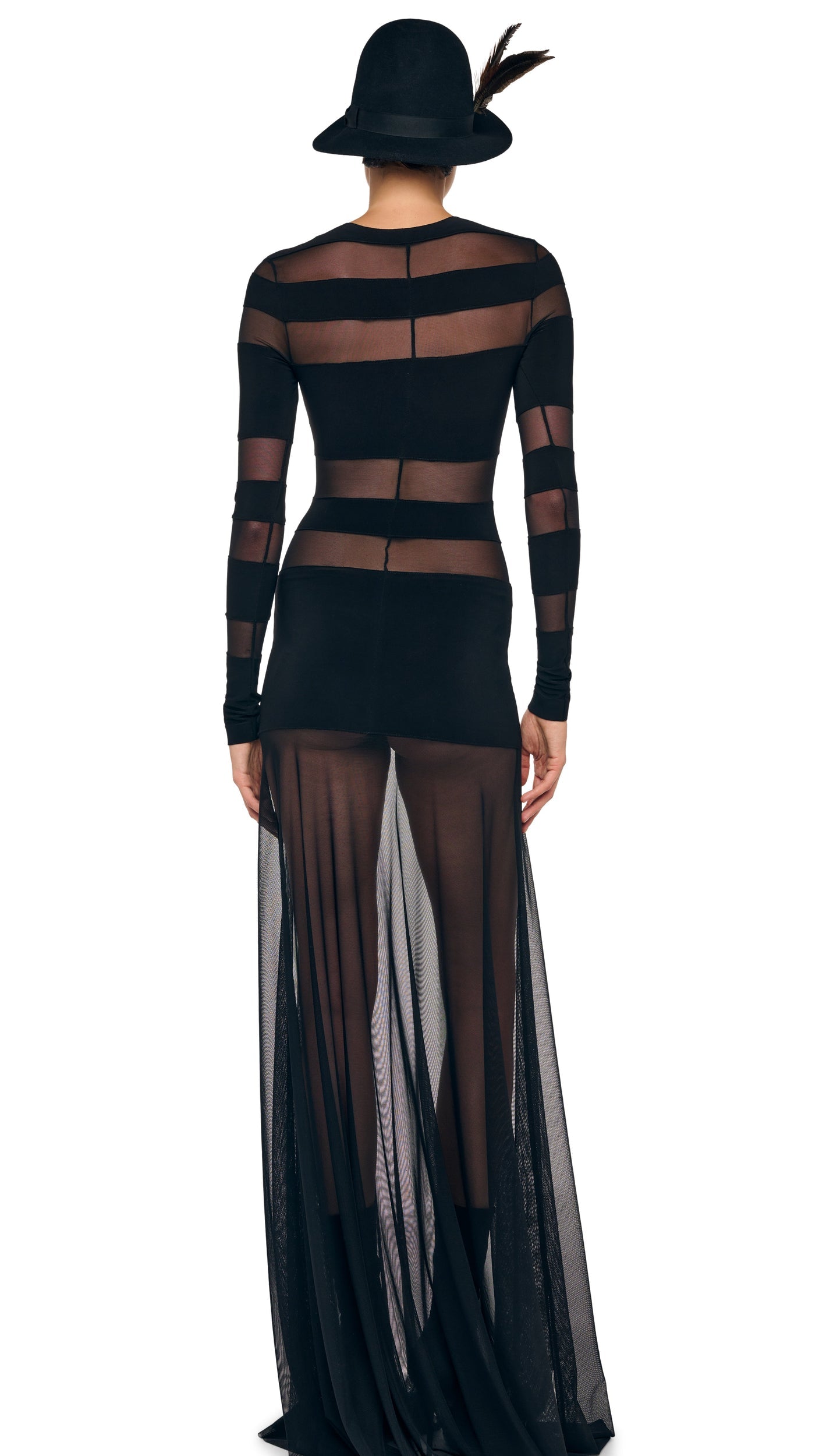 SPLICED LONG SLEEVE FLARED GOWN Black/Black Mesh | Norma Kamali Women
