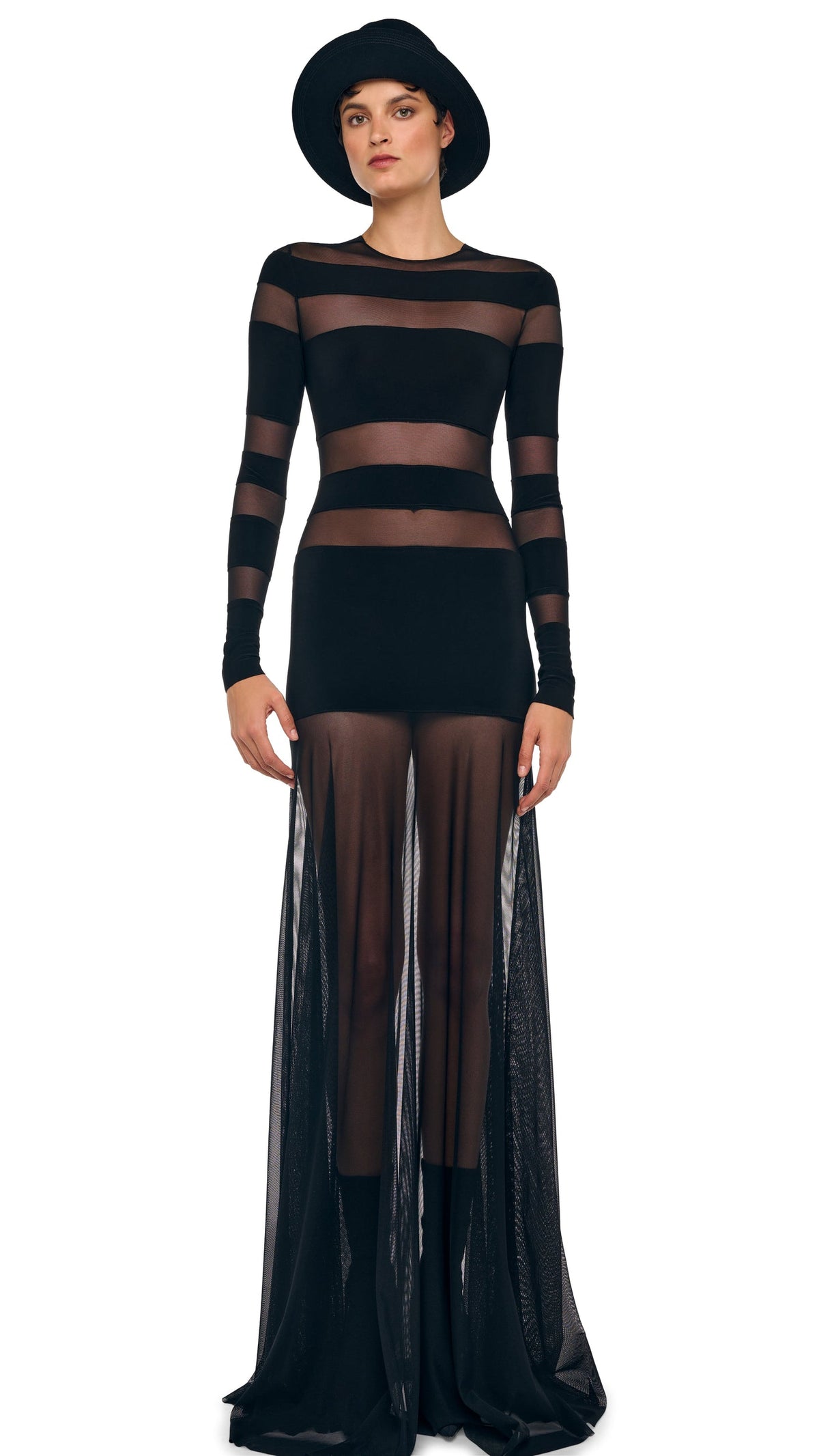 SPLICED LONG SLEEVE FLARED GOWN Black/Black Mesh | Norma Kamali Women