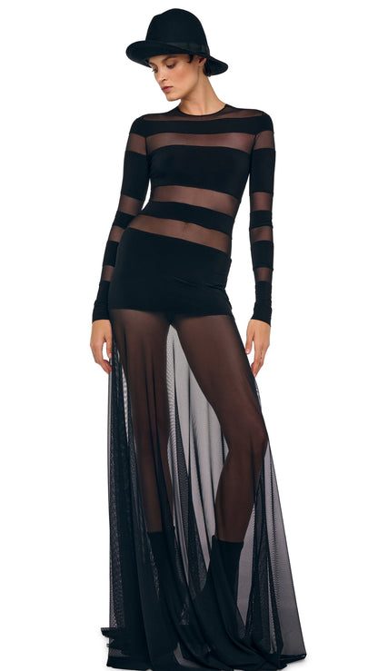 SPLICED LONG SLEEVE FLARED GOWN Black/Black Mesh | Norma Kamali Women